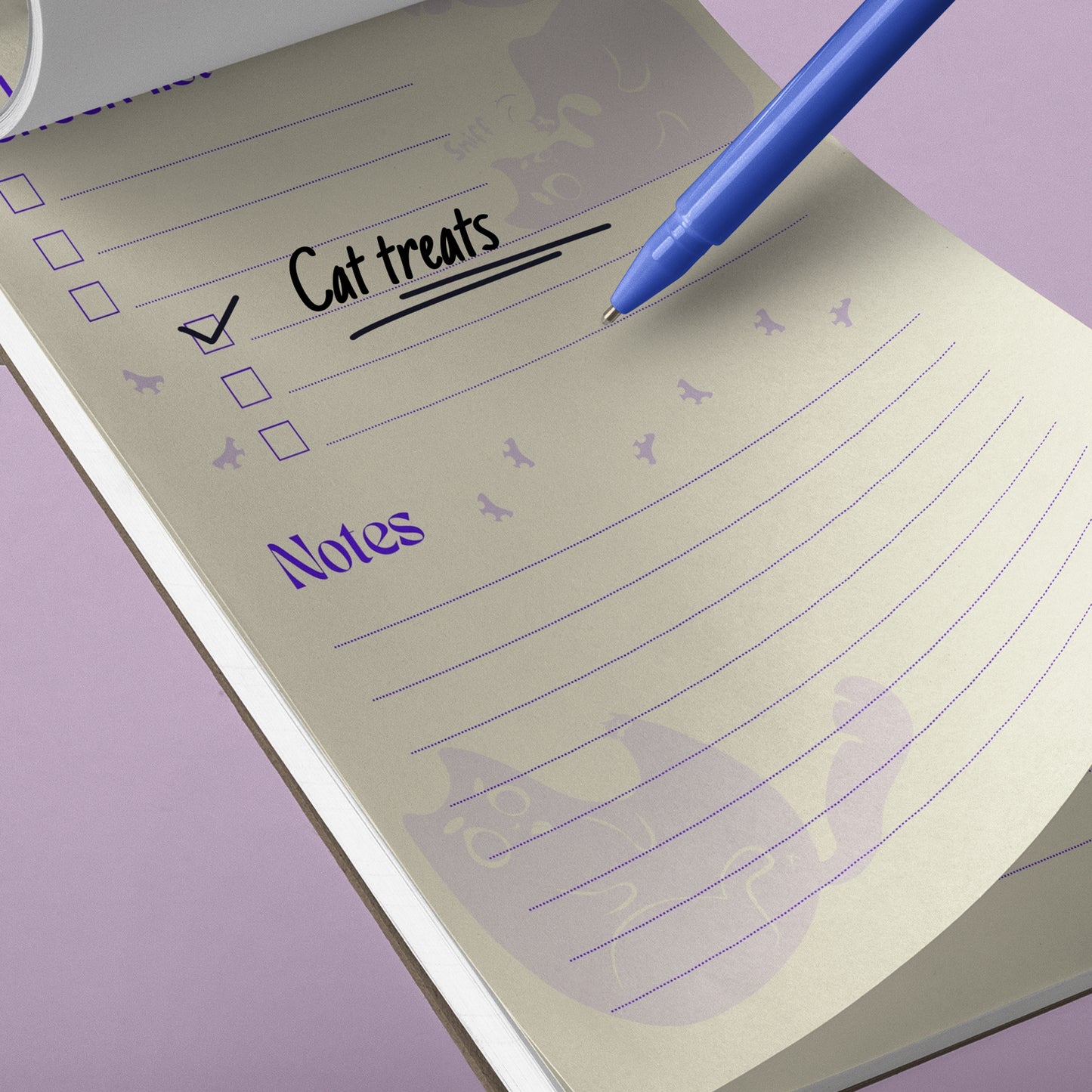 To-do list digital template with funny cat illustrations and paw prints. Pale yellow paper with purple notes and illustrations.