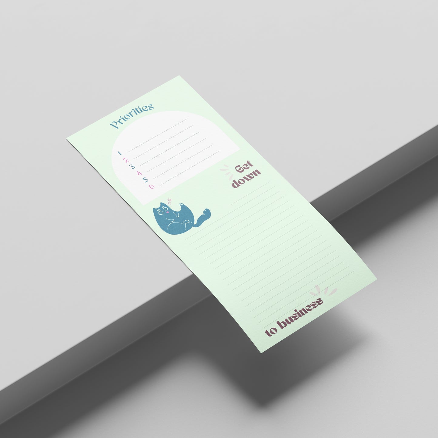 Green to-do list digital template, with white frame to note your priorities, and green place to jot down you ideas while funny cat watches you.