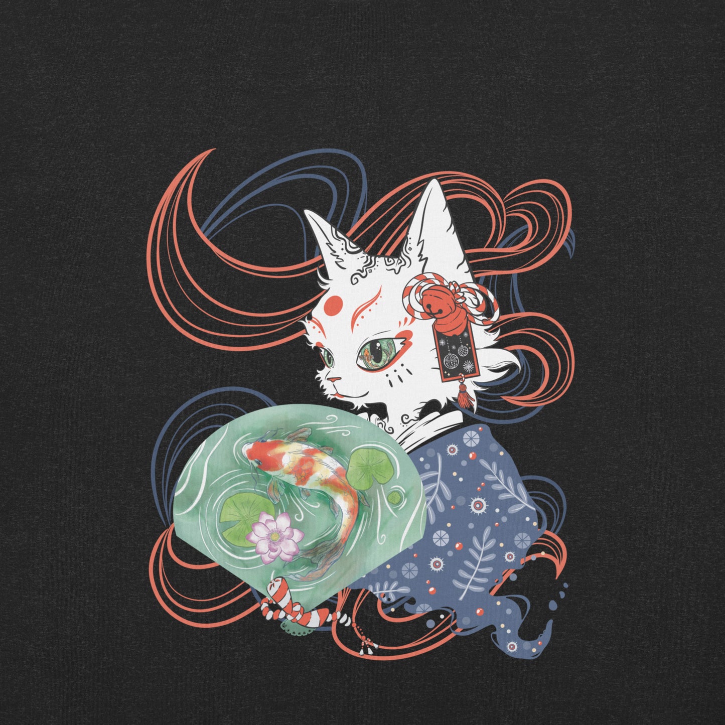 Close up of the digital illustration of a folklore Japanese cat monster Bakeneko, dressed in a blue patterned kimono. The fan its holding has a koi fish swimming in a pond. Colored waves are displayed on the dark background.