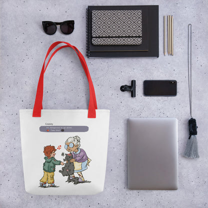 White totebag with red handles, with the illustration of a granny passing a grumpy cat to her way-to-happy grand-son. The discussion goes like "It's dangerous to go alone, Take this!" referring to the Zelda game.