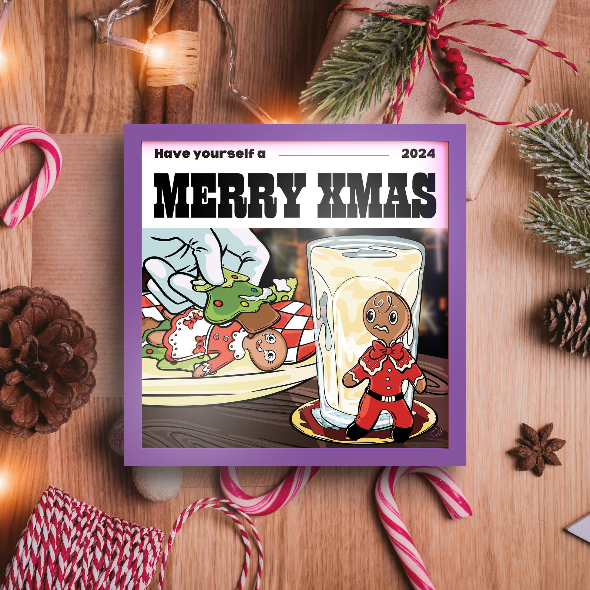 Funny digital illustration for Christmas of a gingerbread hiding behind a glass of milk. Santa is picking some cookie from a plate, while a lady gingerbread stares at her friend with teary eyes.