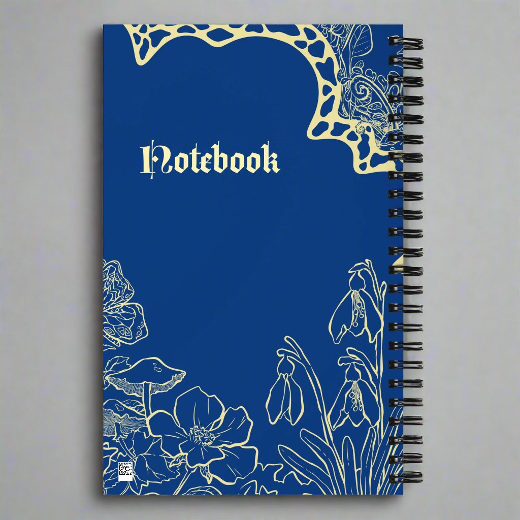 Back cover of the spiral notebook with the illustration of an enchanted forest and the words Notebook. The drawing is detailed and manga style in light yellow color.