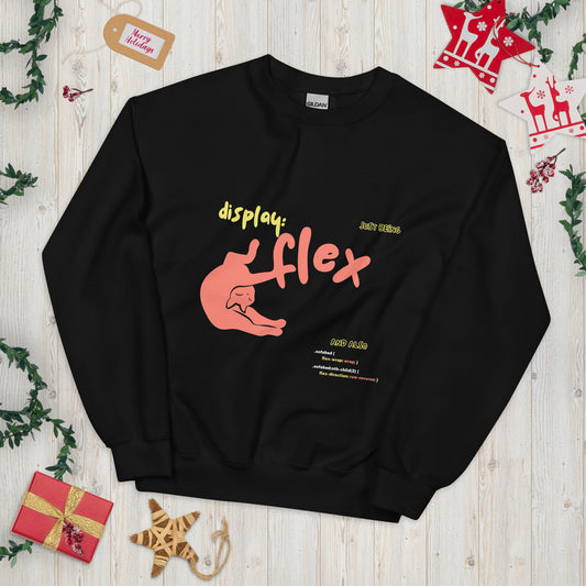 Black crew neck sweatshirt featuring a stretching cat with the title "Just bein' Display: flex". Funny pun about cat being flexible and the css command.
Perfect for Christmas gift for your nerdy friends!