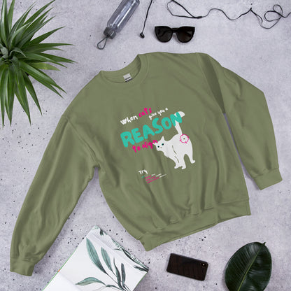 Crew Neck sweatshirt in military green color, for cat lovers and nerd developers, featuring a cat showing his butt, with the inscription "When cats give you a reason to align" and some line codes.