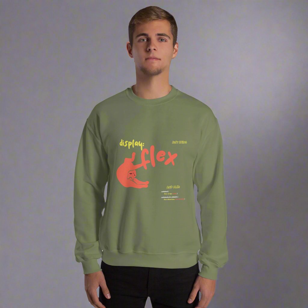 Man wearing a military green crew neck sweatshirt featuring a stretching cat with the title "Just bein' Display: flex". Funny pun about cat being flexible and the css command.