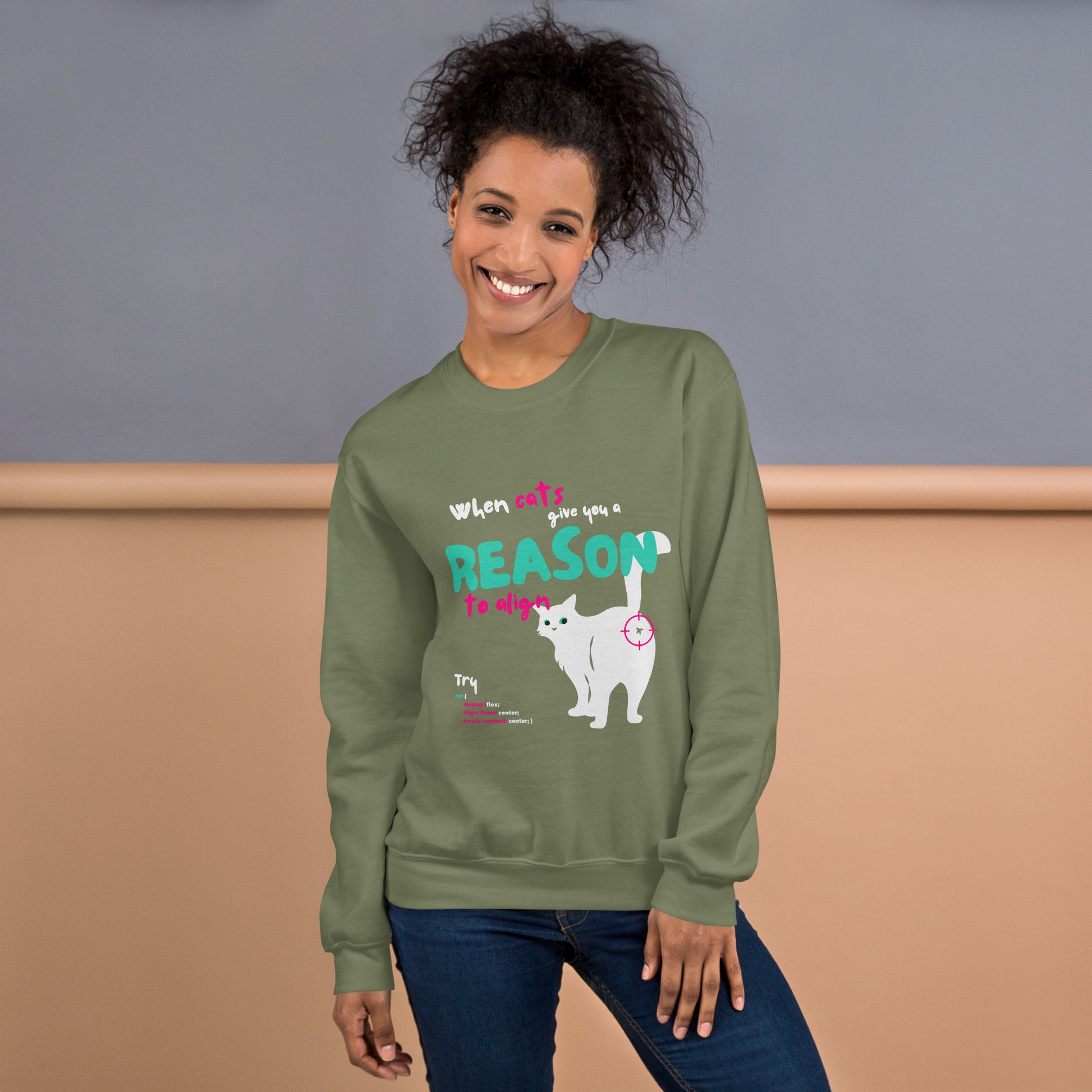 Woman wearing a crew Neck sweatshirt in military green color, for cat lovers and nerd developers, featuring a cat showing his butt, with the inscription "When cats give you a reason to align" and some line codes.