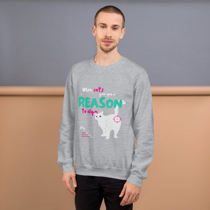 Man wearing a crew Neck sweatshirt in light grey color, for cat lovers and nerd developers, featuring a cat showing his butt, with the inscription "When cats give you a reason to align" and some line codes.