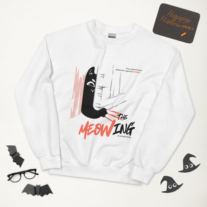 White crew neck sweatshirt with illustration of a cat trying to break into a door. Parody of the Shining, this design is called "The Meowing & scratching" because you never know when he's gonna strike. This version shows a mischievous cat scratching the floor in an attempt to enter the room.