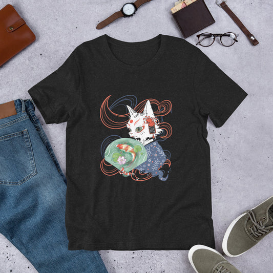 Black T-shirt with a digital illustration of a folklore Japanese cat monster Bakeneko, dressed in a blue patterned kimono. The fan its holding has a koi fish swimming in a pond. Colored waves are displayed on the dark background.