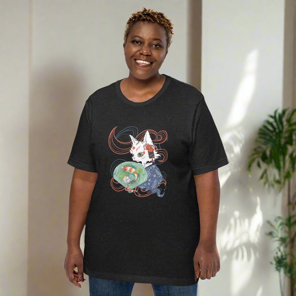 Woman wearing a black T-shirt with a digital illustration of a folklore Japanese cat monster Bakeneko, dressed in a blue patterned kimono. The fan its holding has a koi fish swimming in a pond. Colored waves are displayed on the dark background.