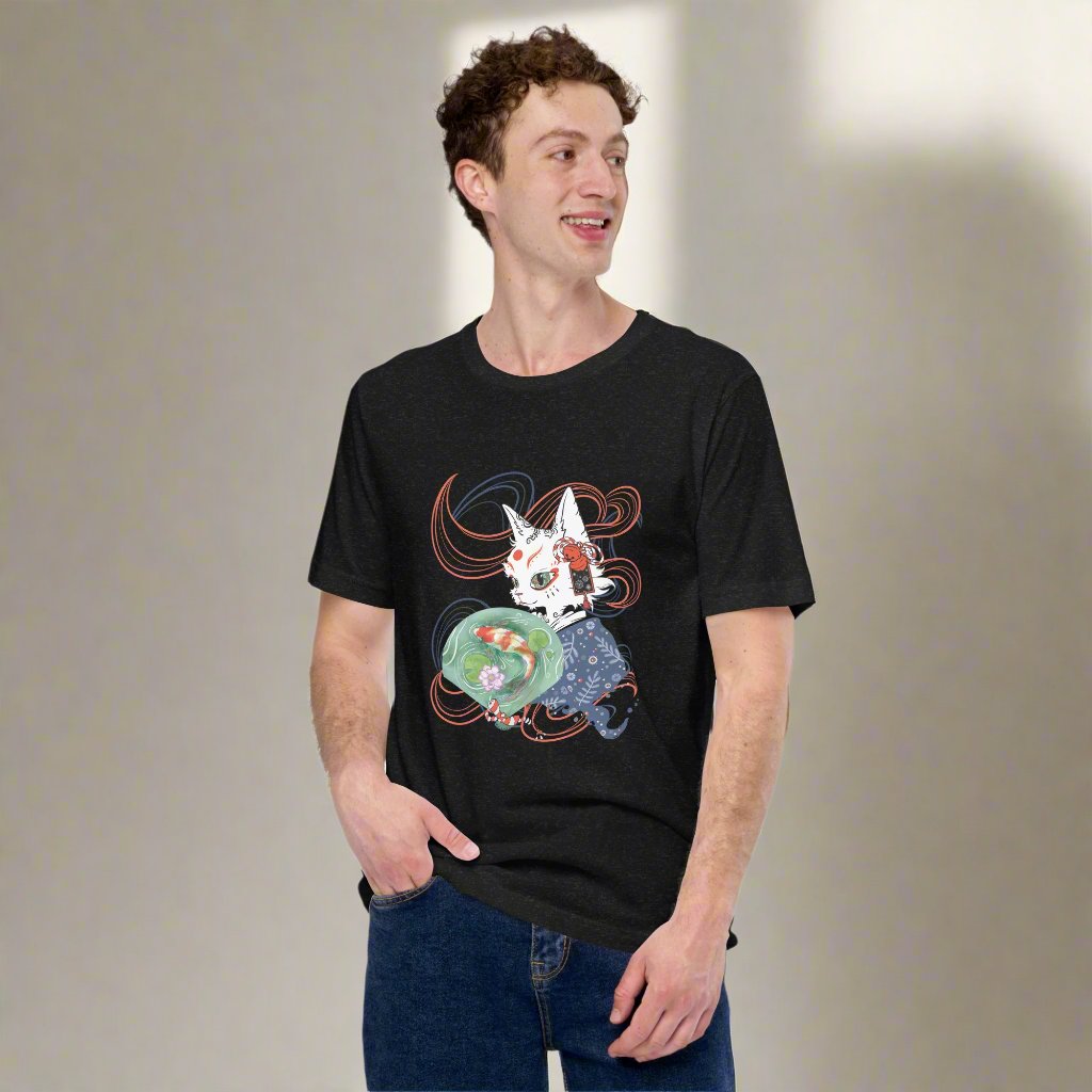 Man wearing a black T-shirt with a digital illustration of a folklore Japanese cat monster Bakeneko, dressed in a blue patterned kimono. The fan its holding has a koi fish swimming in a pond. Colored waves are displayed on the dark background.