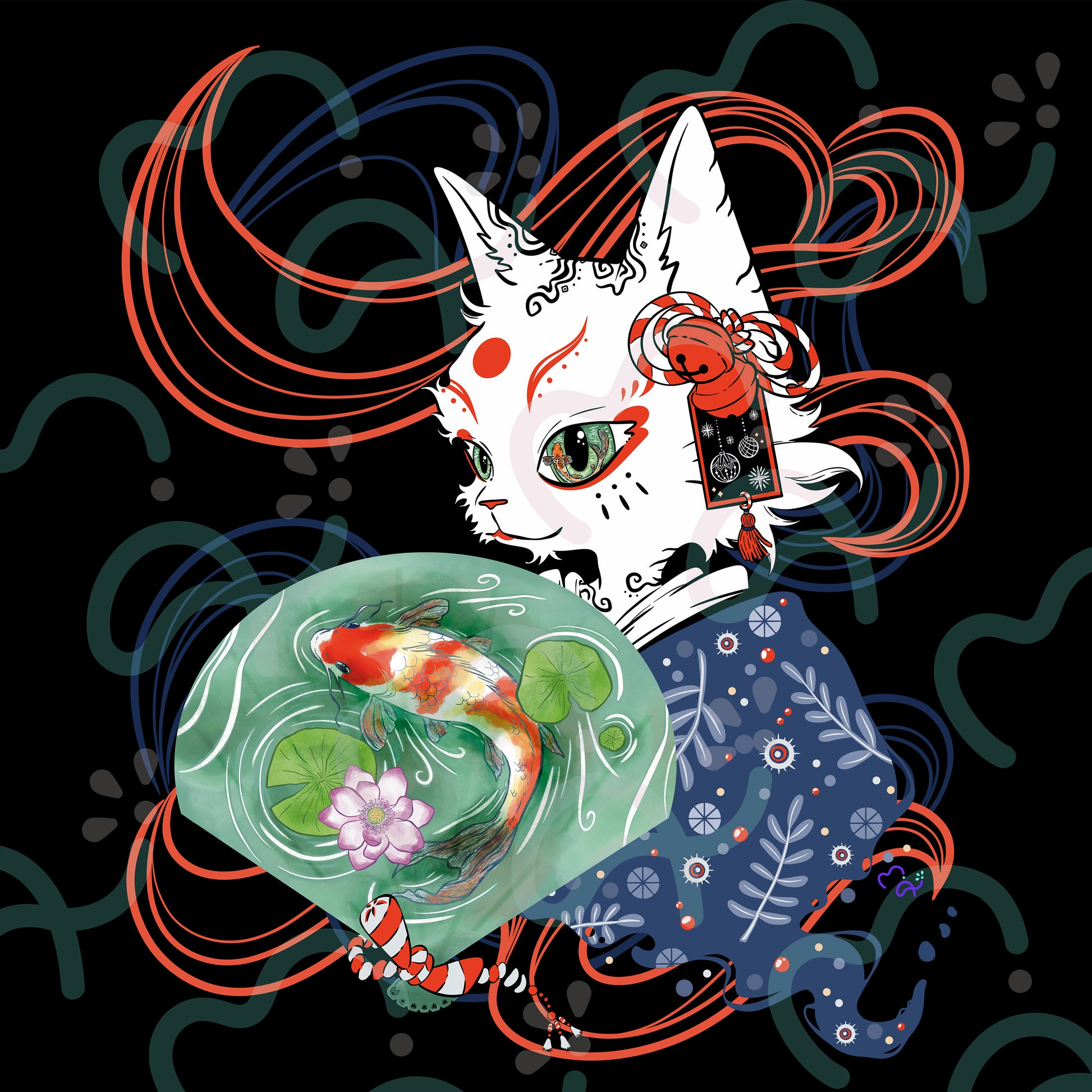 Digital illustration of a Japanese cat monster, the bakeneko. The tattooed white cat is dressed in a silky kimono clothing, with blue winter patterns. It's holding a fan with an aquarelle koi fish, swimming in a pond. The illustration is a blend of the Japanese folklore and Christmas elements.