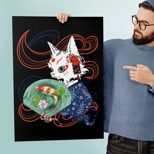 Mockup displaying a poster of a digital illustration: Japanese folklore, a white cat monster the bakeneko. It is dressed in a blue winter patterned kimono, holding a fan with an aquarelle koi fish swimming in a pond.