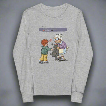 Light gray long sleeved T-shirt with the illustration of a granny passing a grumpy cat to her way-to-happy grand-son. The discussion goes like "It's dangerous to go alone, Take this!" referring to the Zelda game.