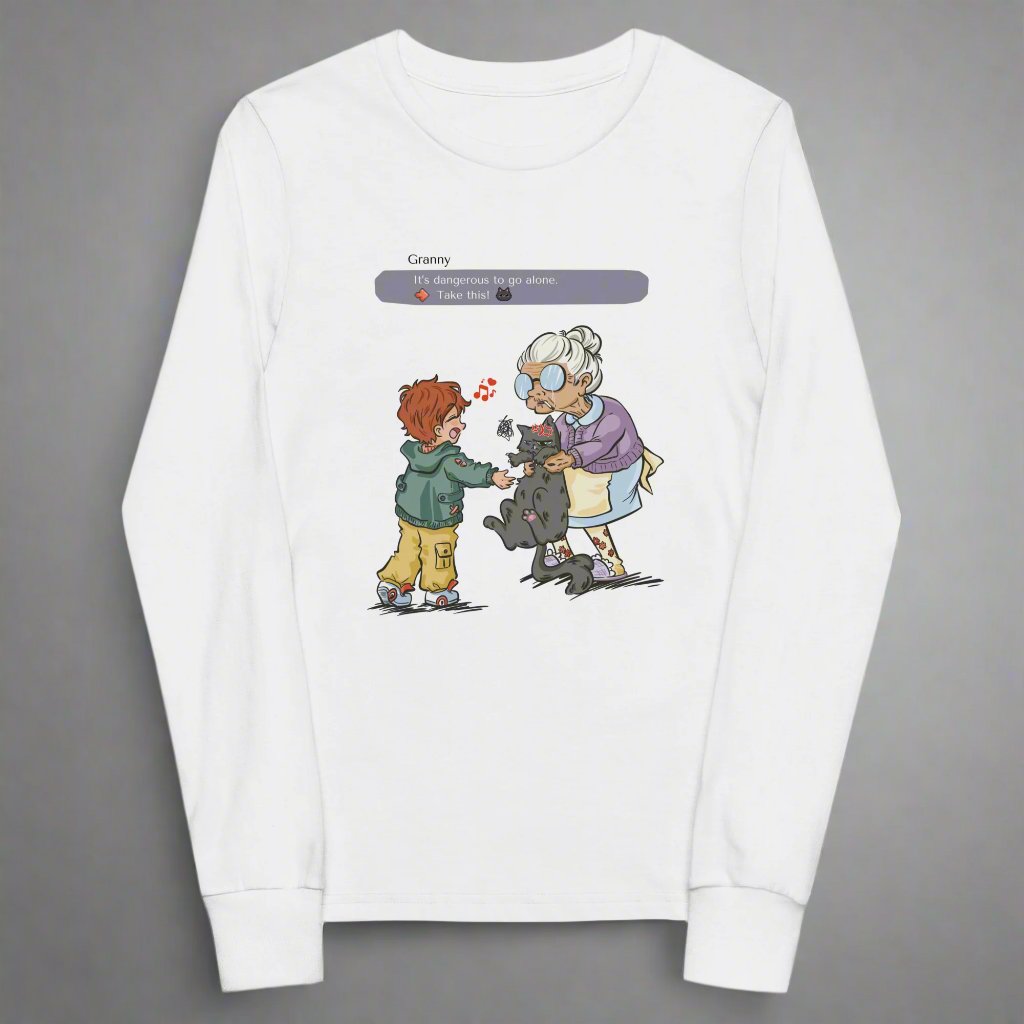 White long sleeved T-shirt with the illustration of a granny passing a grumpy cat to her way-to-happy grand-son. The discussion goes like "It's dangerous to go alone, Take this!" referring to the Zelda game.