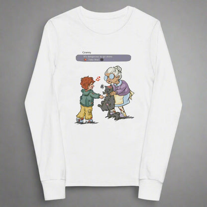 White long sleeved T-shirt with the illustration of a granny passing a grumpy cat to her way-to-happy grand-son. The discussion goes like "It's dangerous to go alone, Take this!" referring to the Zelda game.